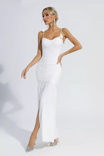 Alia White Floral Ruched Slip Maxi Dress