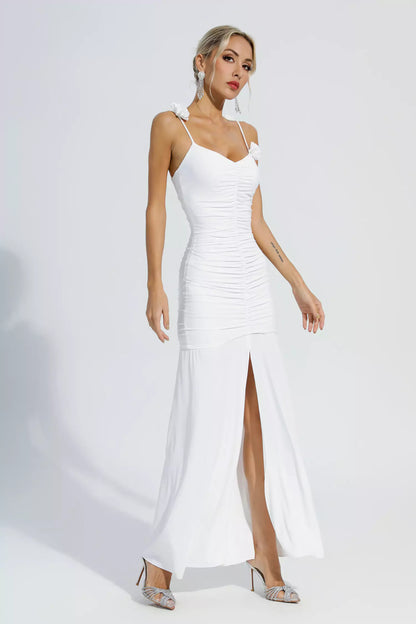 Alia White Floral Ruched Slip Maxi Dress