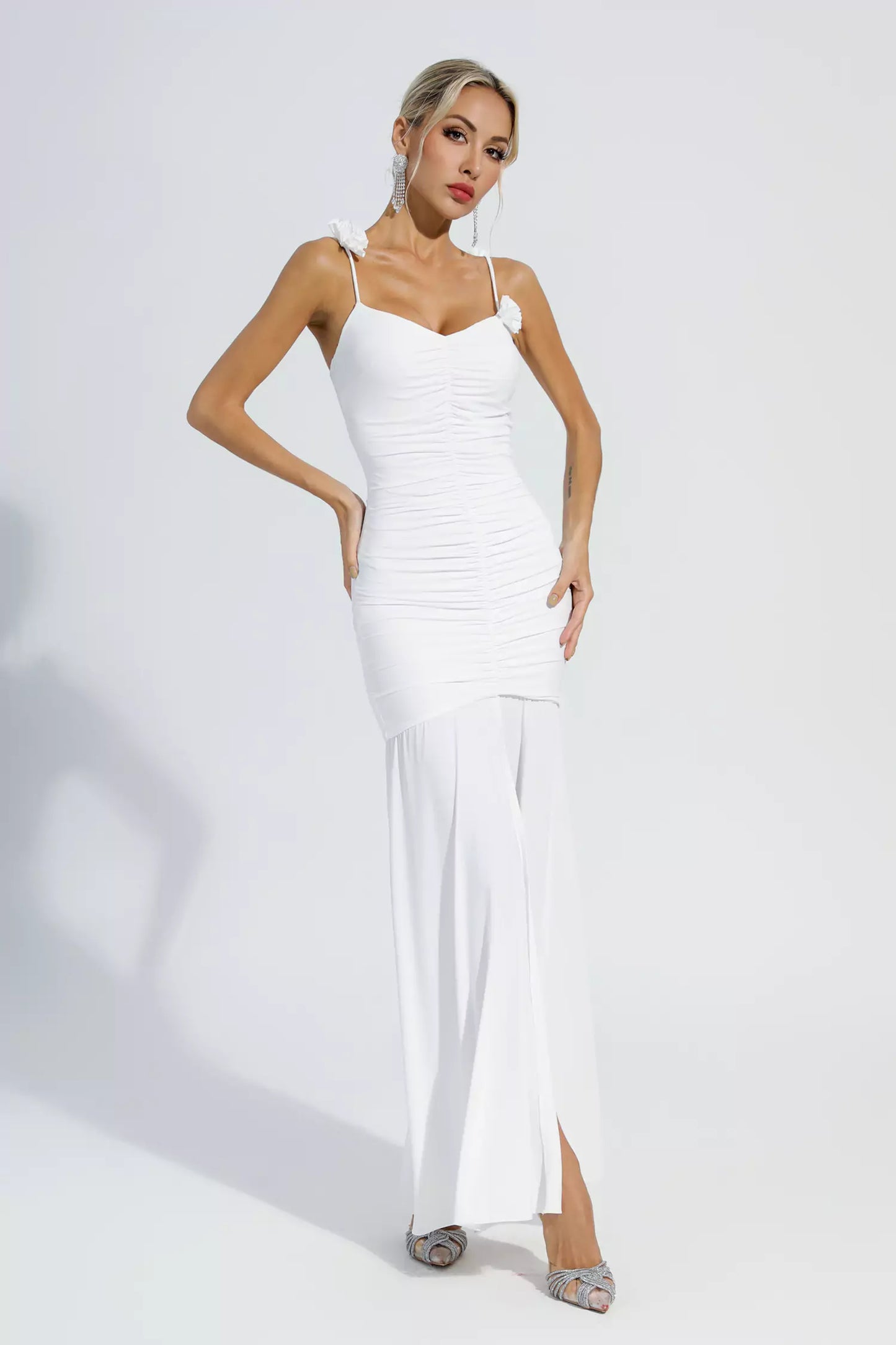 Alia White Floral Ruched Slip Maxi Dress