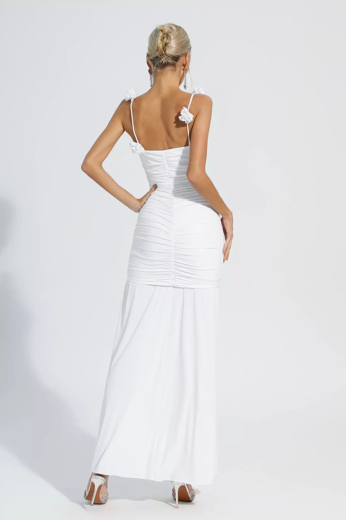 Alia White Floral Ruched Slip Maxi Dress