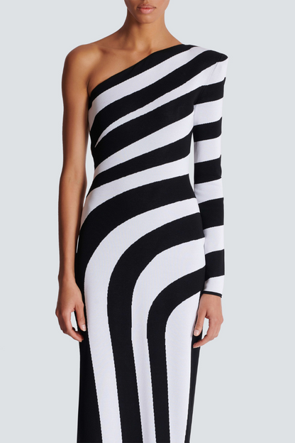 Alizea One Shoulder Slit Asymmetrical Striped Maxi Dress