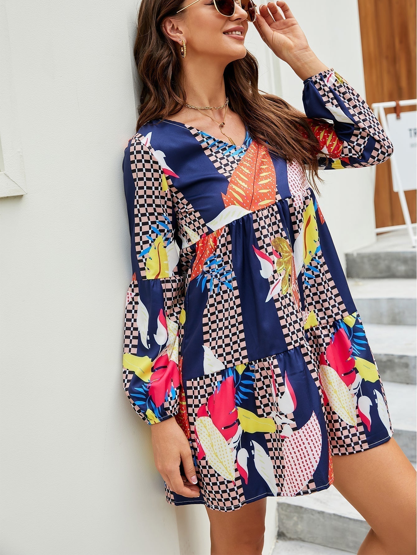 V-Neck Long Sleeve Tiered Botanical Leaf Check Patchwork Mini Dress