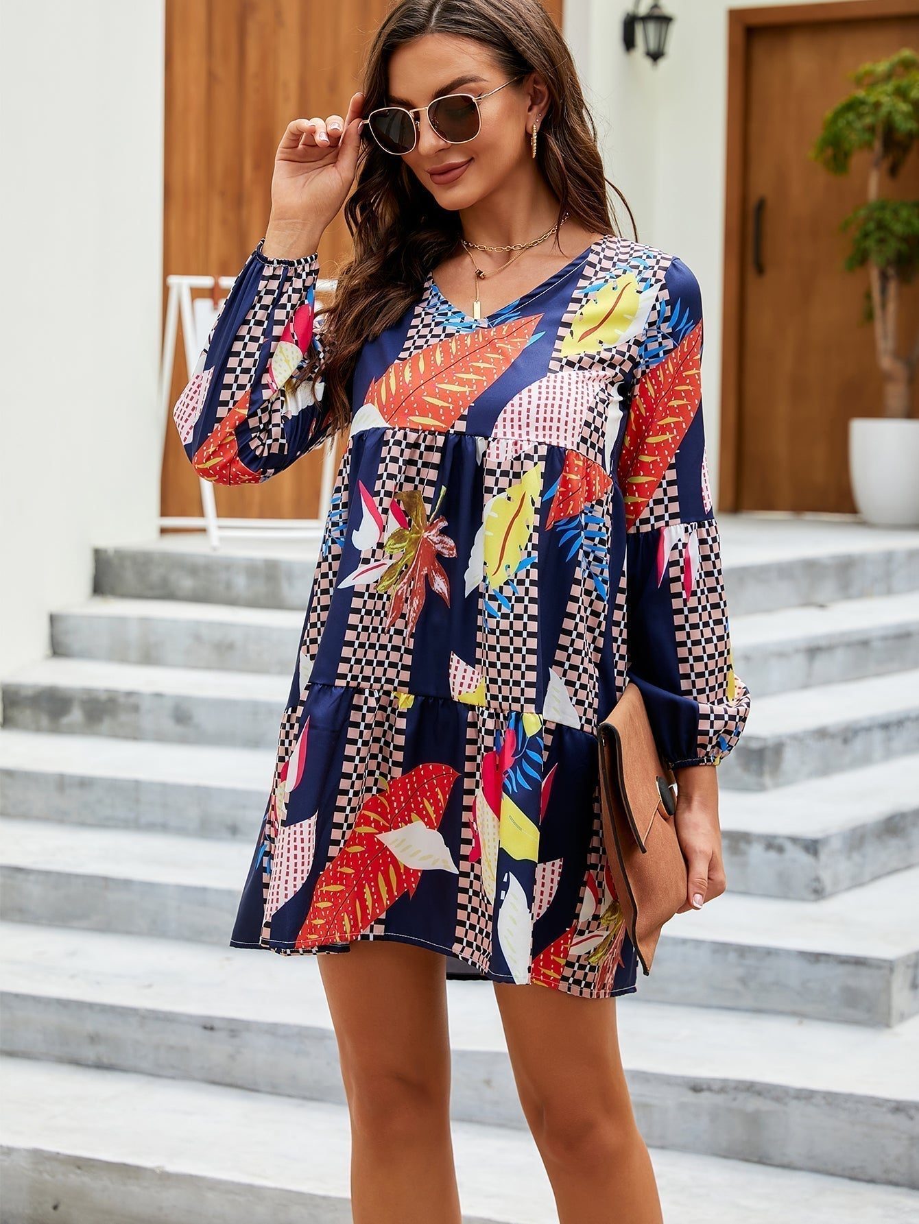 V-Neck Long Sleeve Tiered Botanical Leaf Check Patchwork Mini Dress