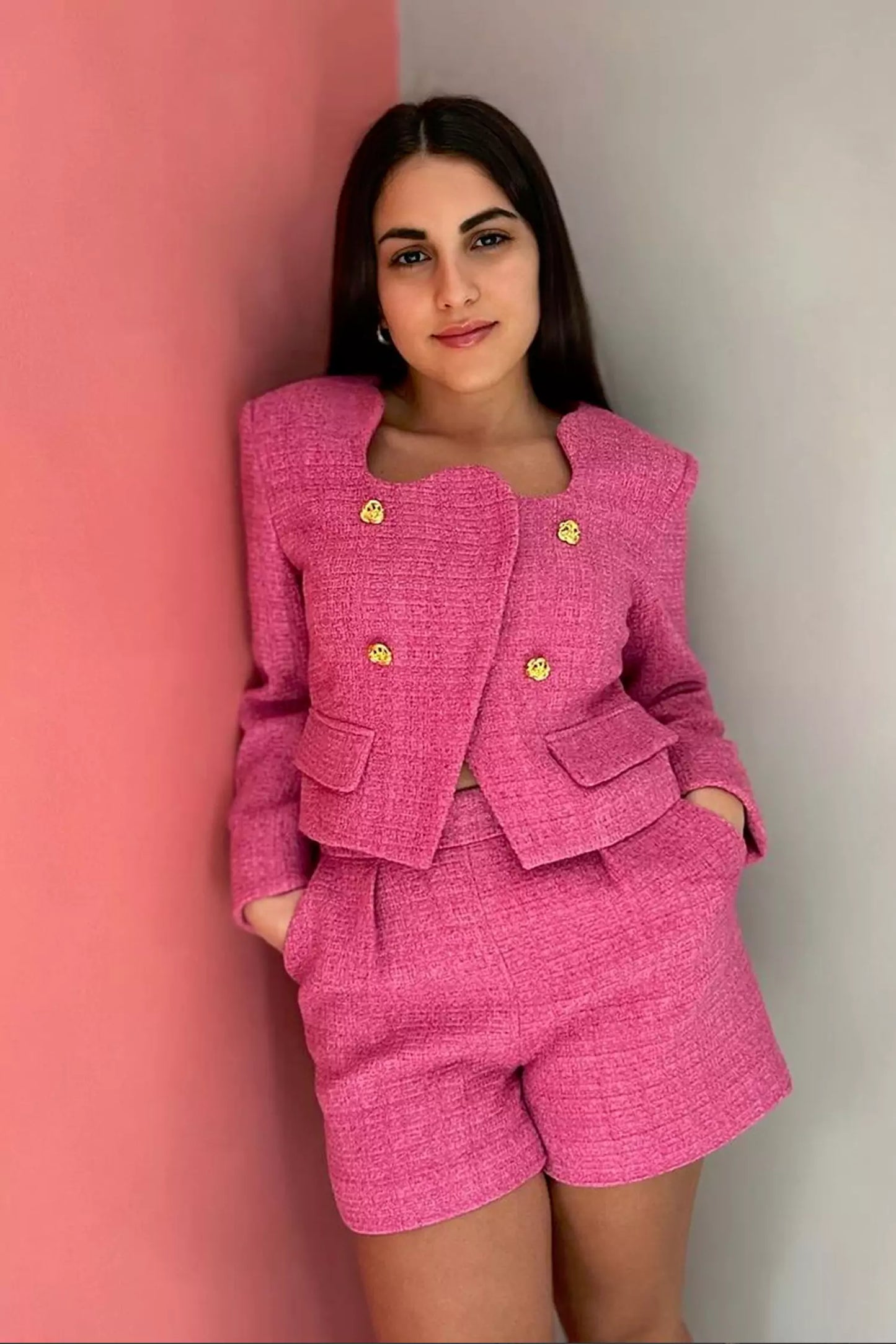 Amaia Woolen Blazer Set-Rose Red