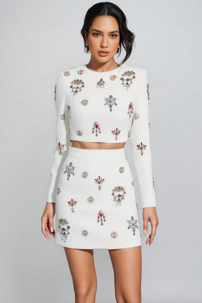 Tovake White Crystal Embellished Mini Dress Set