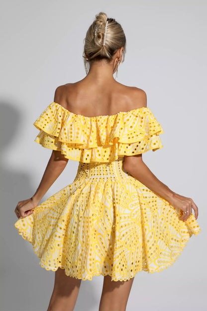 Amora Cutout Ruffle Mini Dress-Yellow