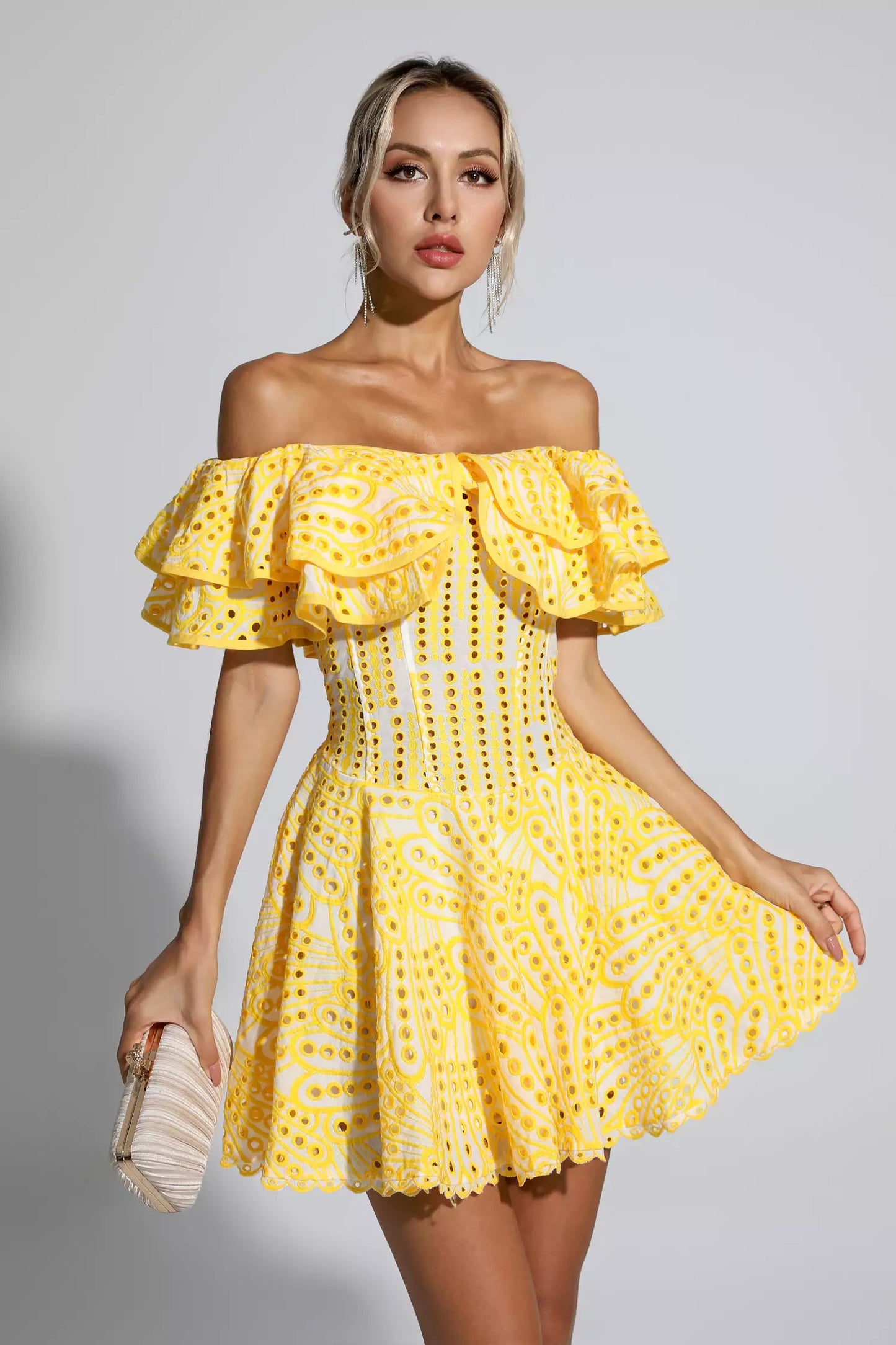 Amora Cutout Ruffle Mini Dress-Yellow