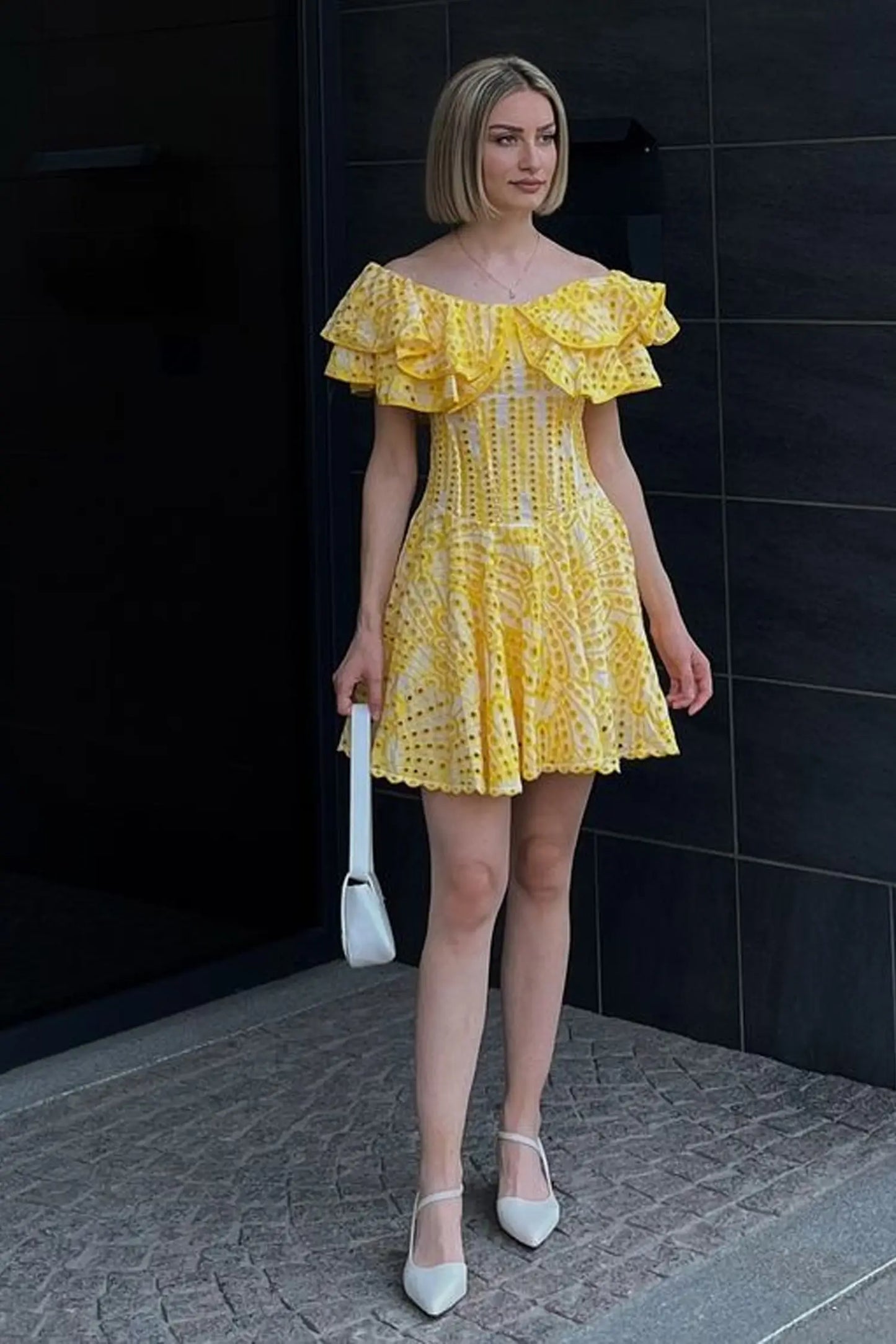 Amora Cutout Ruffle Mini Dress-Yellow