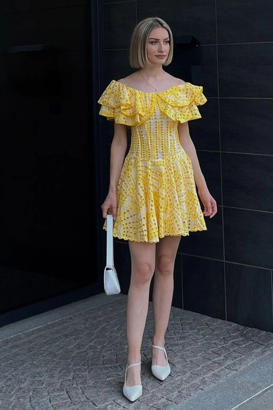 Amora Cutout Ruffle Mini Dress-Yellow