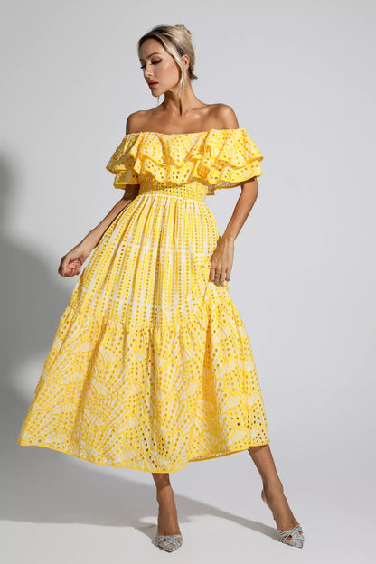 Malani Yellow Cutout Ruffle Maxi Dress