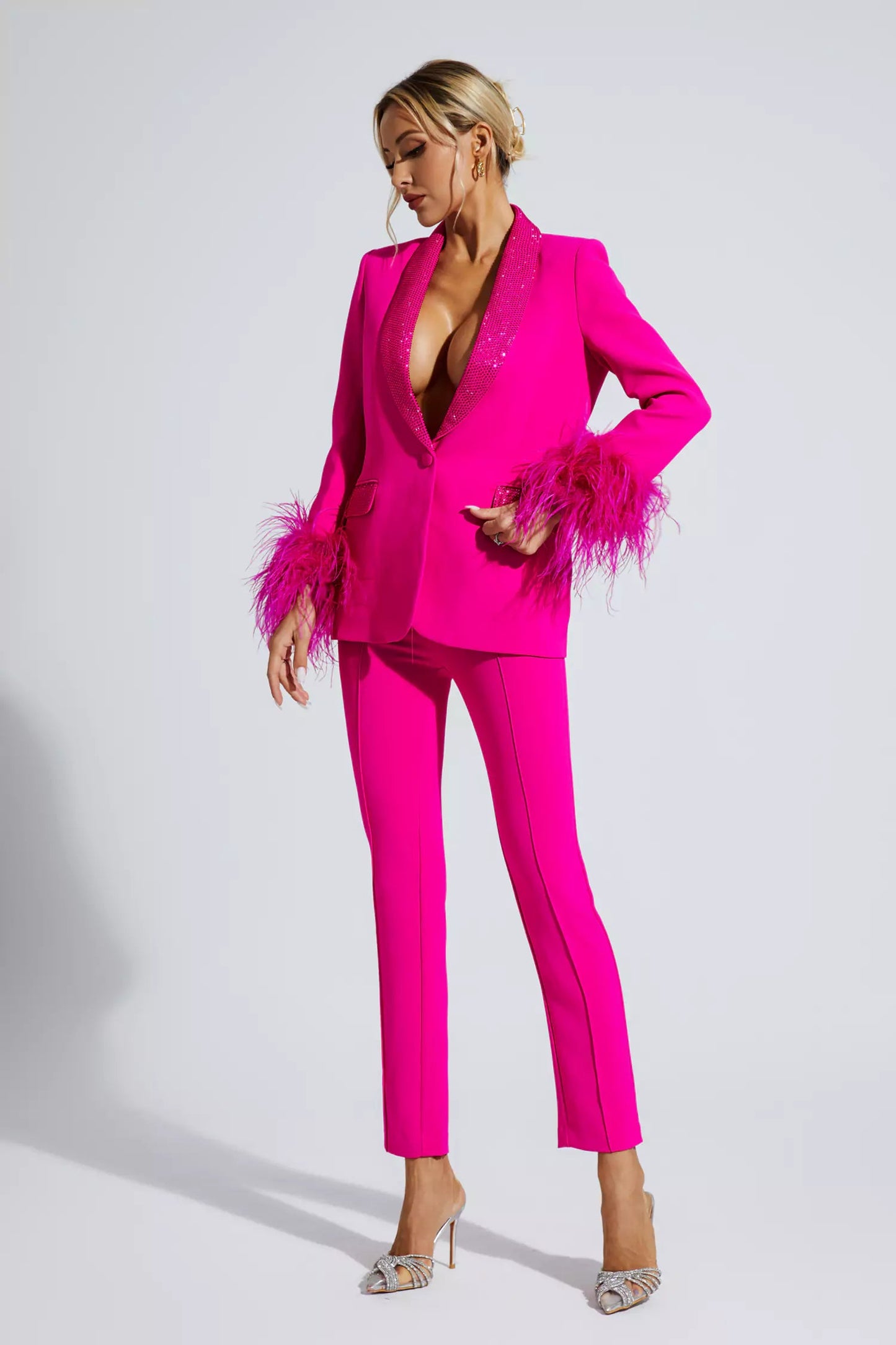 Angel Pink Feather Trim Diamond Blazer Set
