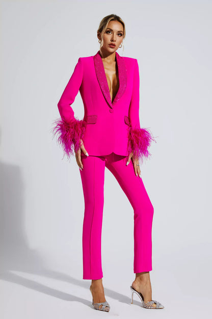 Angel Pink Feather Trim Diamond Blazer Set