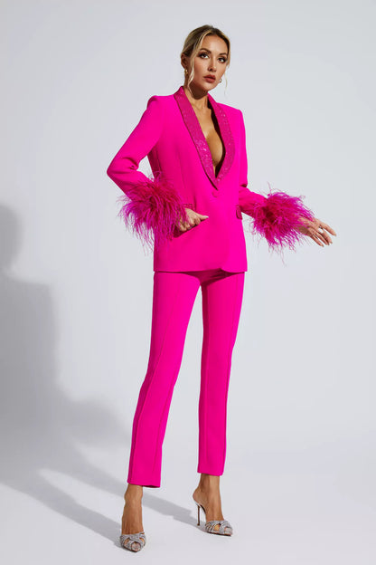 Angel Pink Feather Trim Diamond Blazer Set