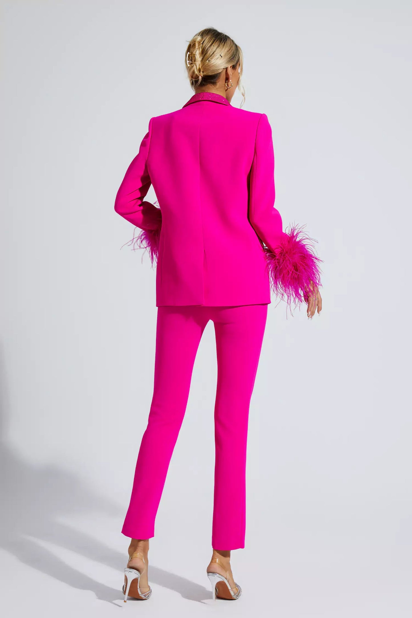 Angel Pink Feather Trim Diamond Blazer Set