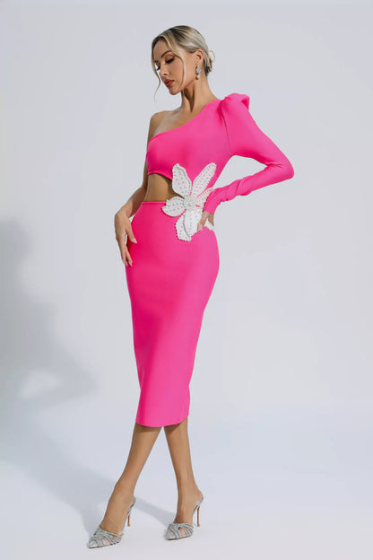 Angelica Rose Red Floral One Shoulder Bandage Dress