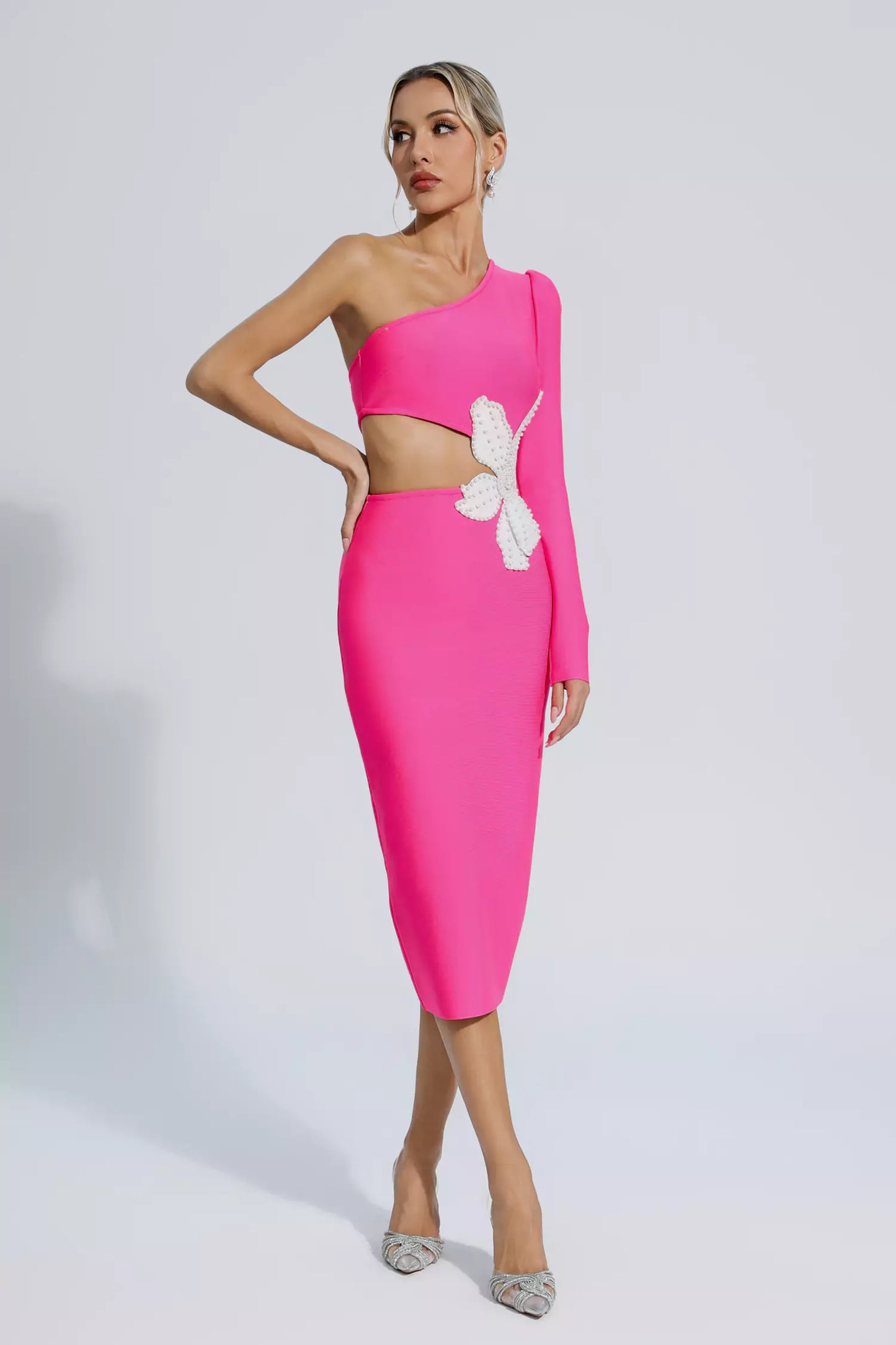 Angelica Rose Red Floral One Shoulder Bandage Dress