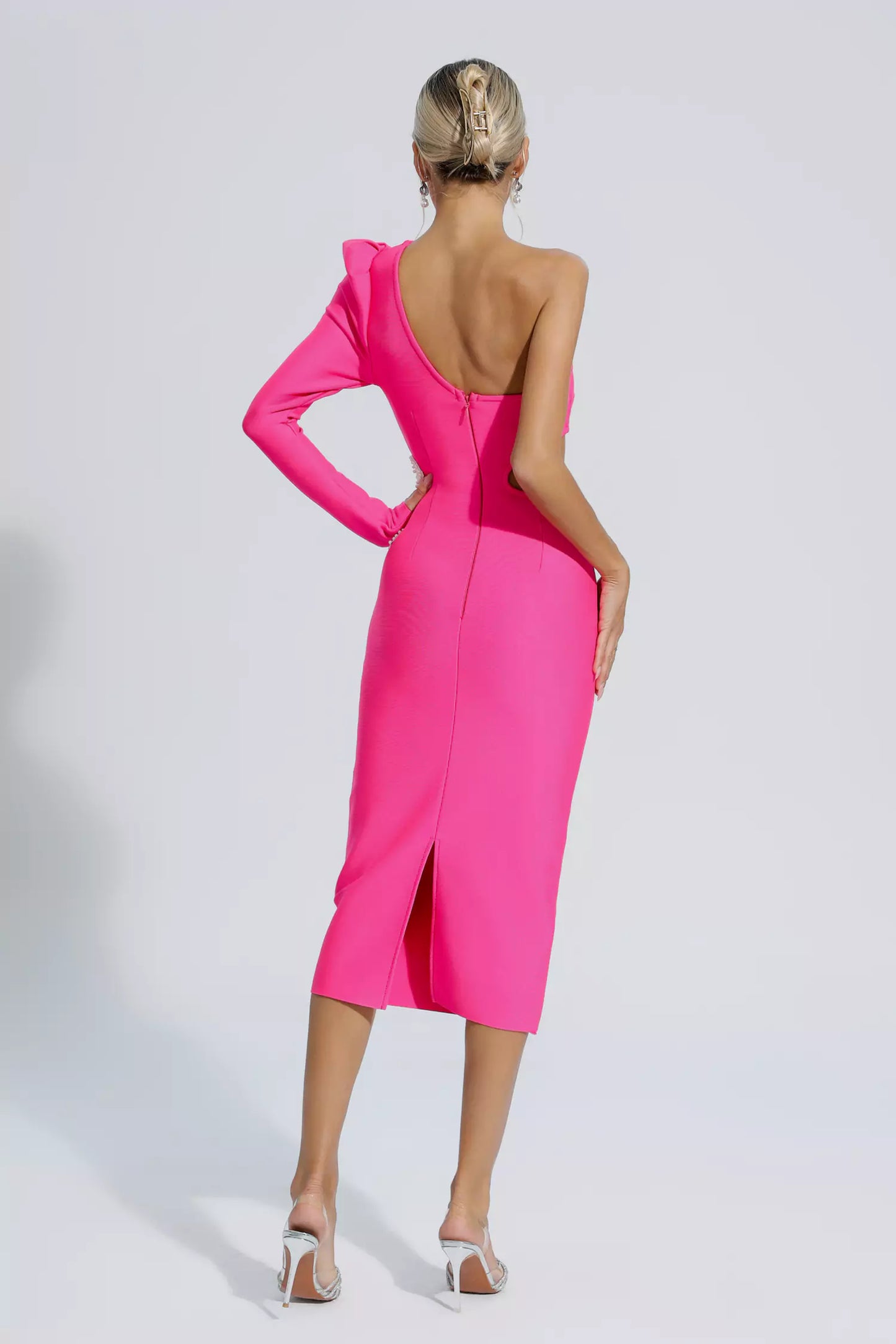 Angelica Floral One Shoulder Bandage Dress - Rose Red