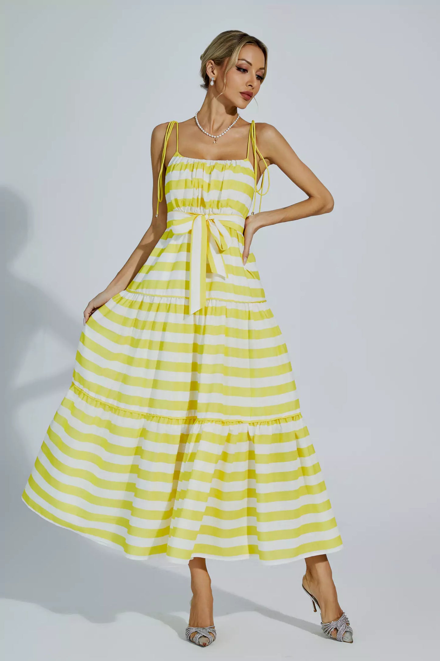 Anika Yellow Striped Midi Slip Dress