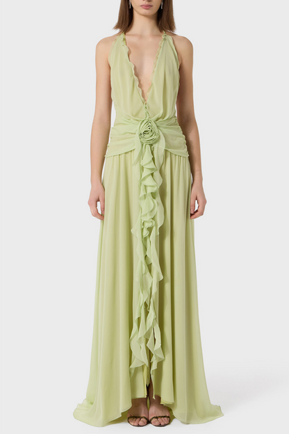Aonaver Floral Ruffle Halter Maxi Dress - Green