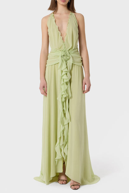 Aonaver Floral Ruffle Halter Maxi Dress - Green