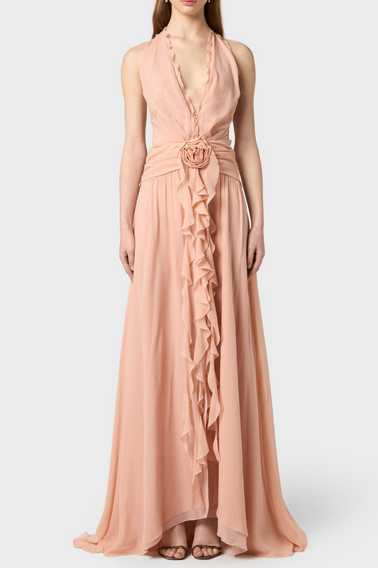 Aonaver Floral Ruffle Halter Maxi Dress - Pink