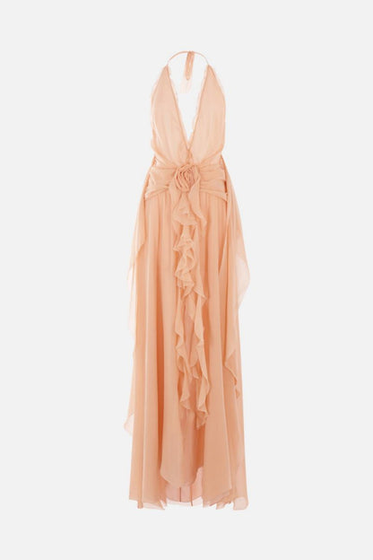 Aonaver Floral Ruffle Halter Maxi Dress - Pink