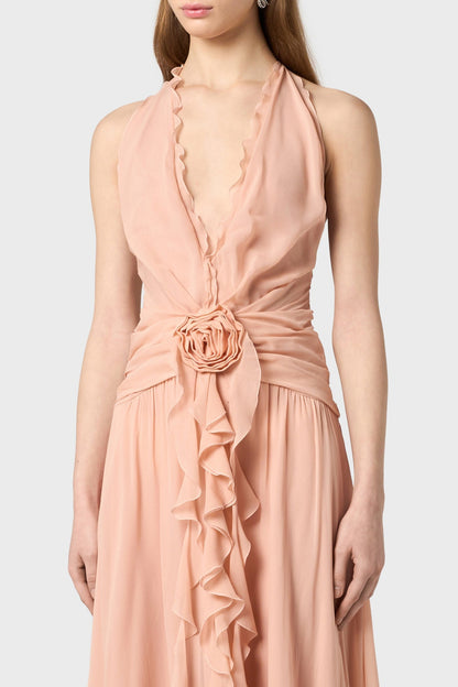 Aonaver Floral Ruffle Halter Maxi Dress - Pink