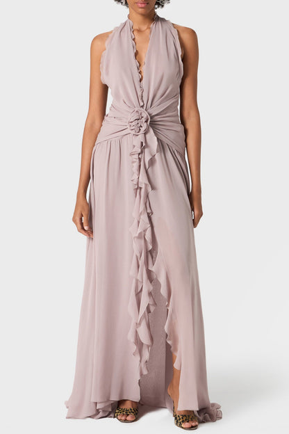 Aonaver Floral Ruffle Halter Maxi Dress - Purple