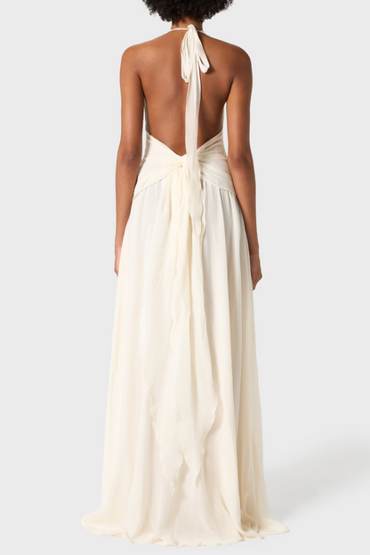 Aonaver Floral Ruffle Halter Maxi Dress - White