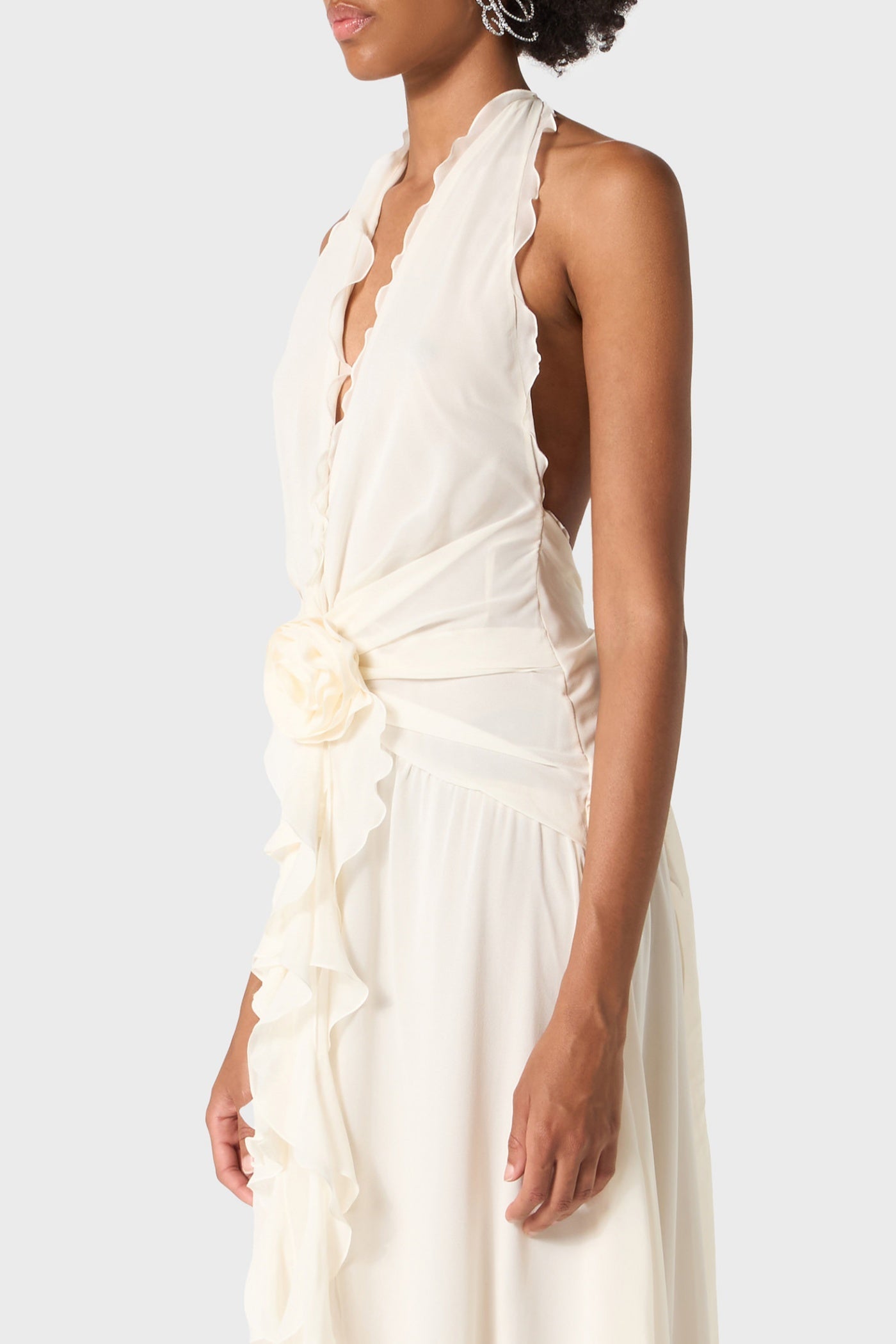 Aonaver Floral Ruffle Halter Maxi Dress - White