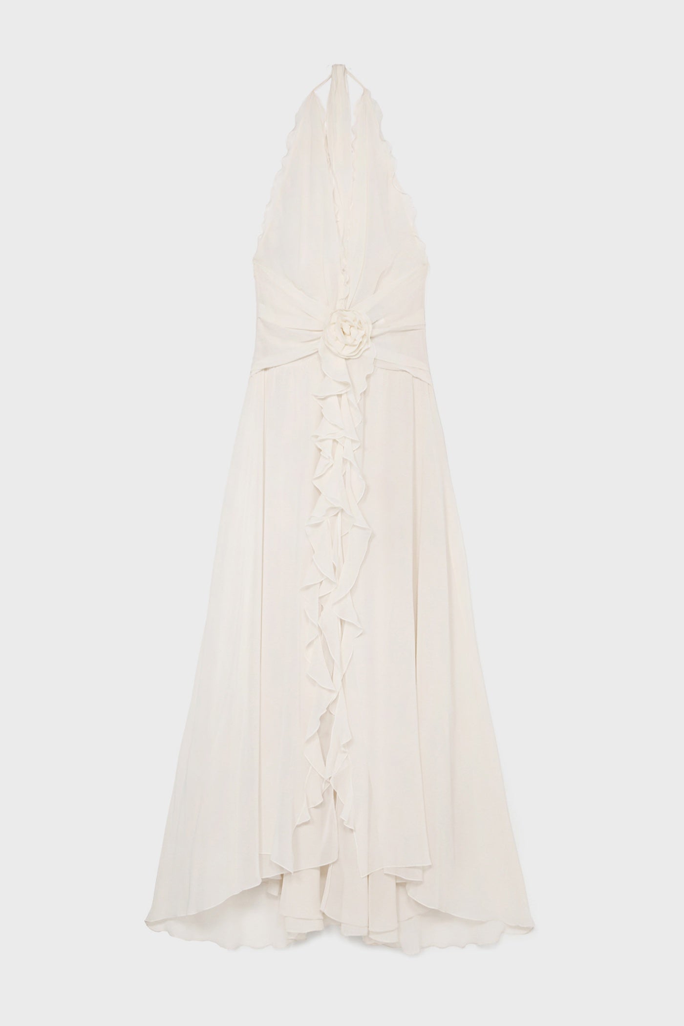 Aonaver Floral Ruffle Halter Maxi Dress - White