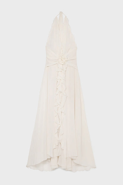 Aonaver Floral Ruffle Halter Maxi Dress - White