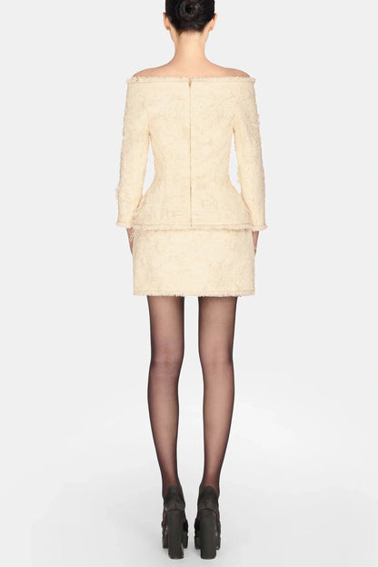 Arife Off Shoulder Bow Crystal Embellished Blazer Two Piece Set - Beige