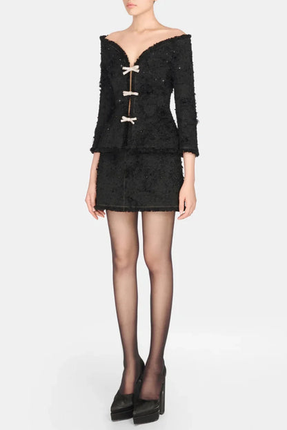 Arife Off Shoulder Bow Crystal Embellished Blazer Two Piece Set - Black