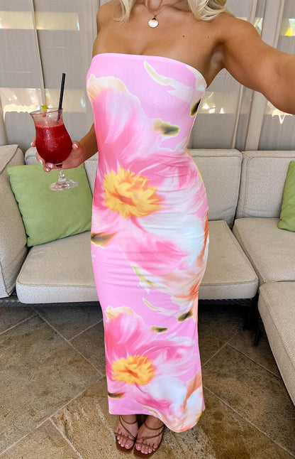 Bice Pink And Orange Floral Mesh Maxi Dress