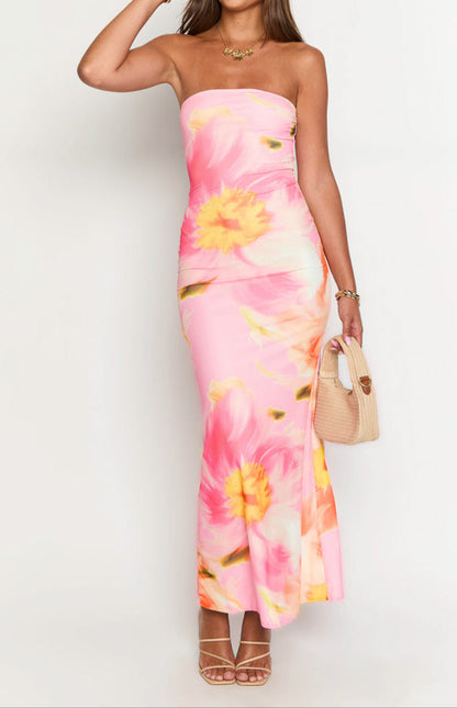 Bice Pink And Orange Floral Mesh Maxi Dress