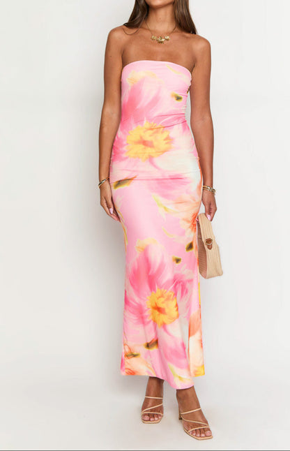 Bice Pink And Orange Floral Mesh Maxi Dress