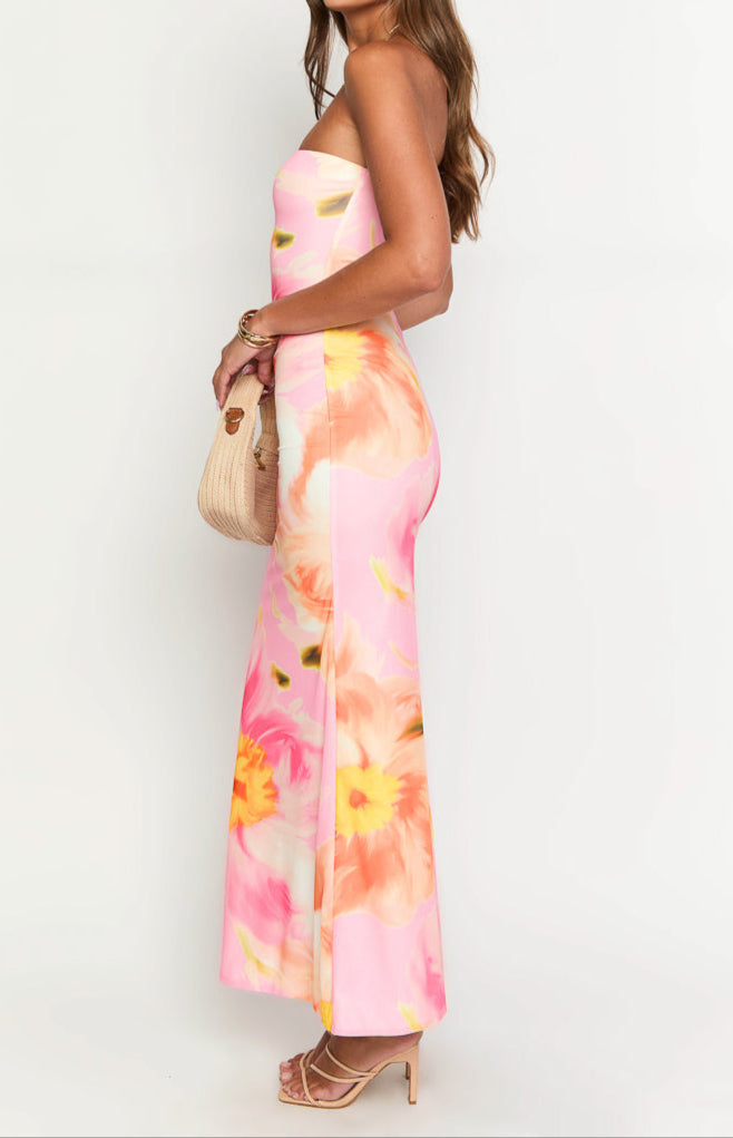 Bice Pink And Orange Floral Mesh Maxi Dress