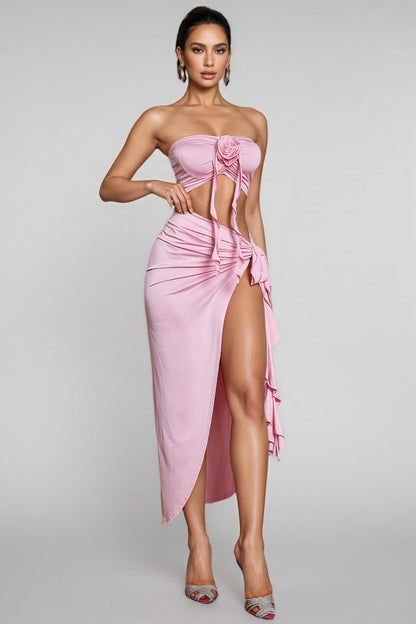 Blaisea Pink Flower Draped Split Skirt Set