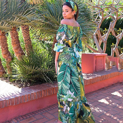 Off-Shoulder Tropical Leaf Print Ruffled Tiered Maxi Dress