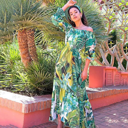 Off-Shoulder Tropical Leaf Print Ruffled Tiered Maxi Dress