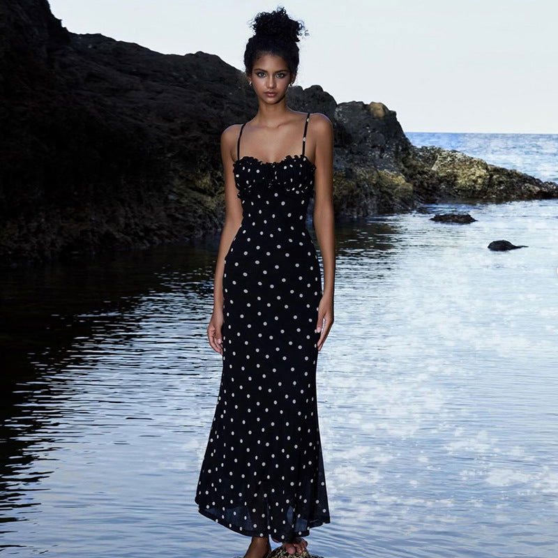 Arrival French Slim Fit Backless Polka Dot Brace Dress