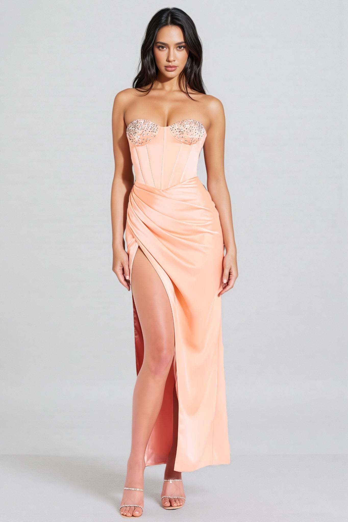 Estrela Diamond-Studded Sheath Ruffle Maxi Dress