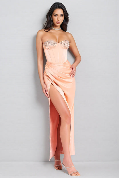 Estrela Diamond-Studded Sheath Ruffle Maxi Dress