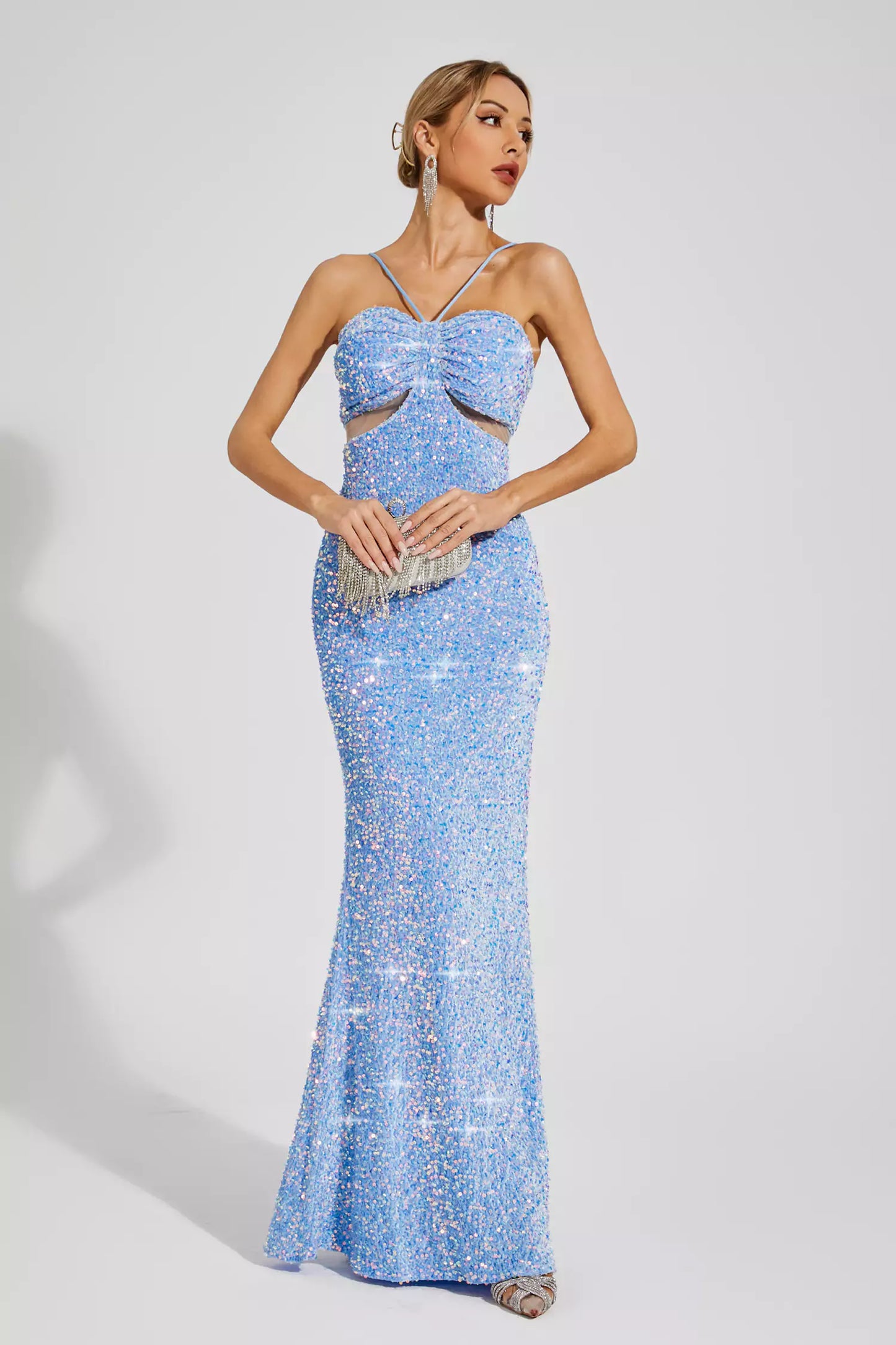 Artemis Blue Sequins Halter Dress