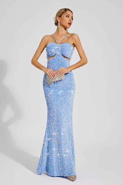 Artemis Blue Sequins Halter Dress