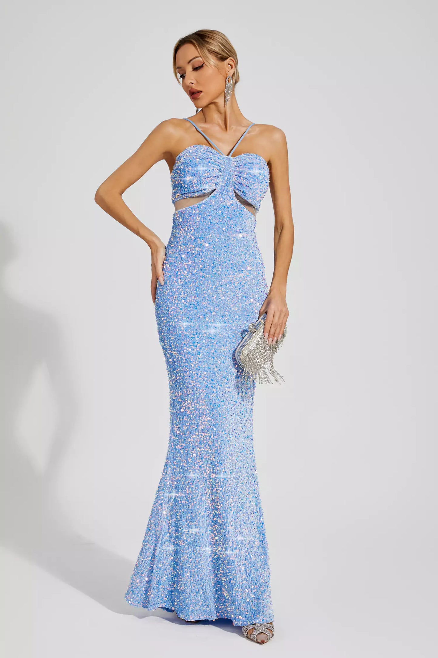 Artemis Blue Sequins Halter Dress