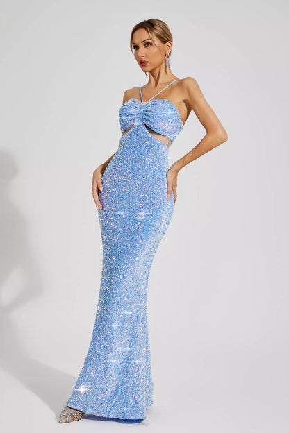 Artemis Blue Sequins Halter Dress