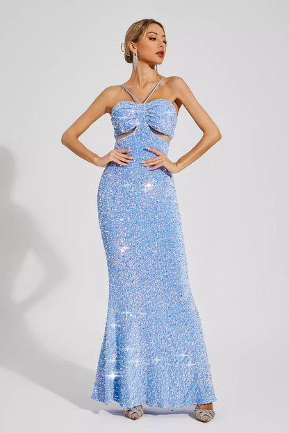 Artemis Blue Sequins Halter Dress
