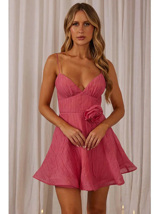 3D Floral V-Neck Mini Dress